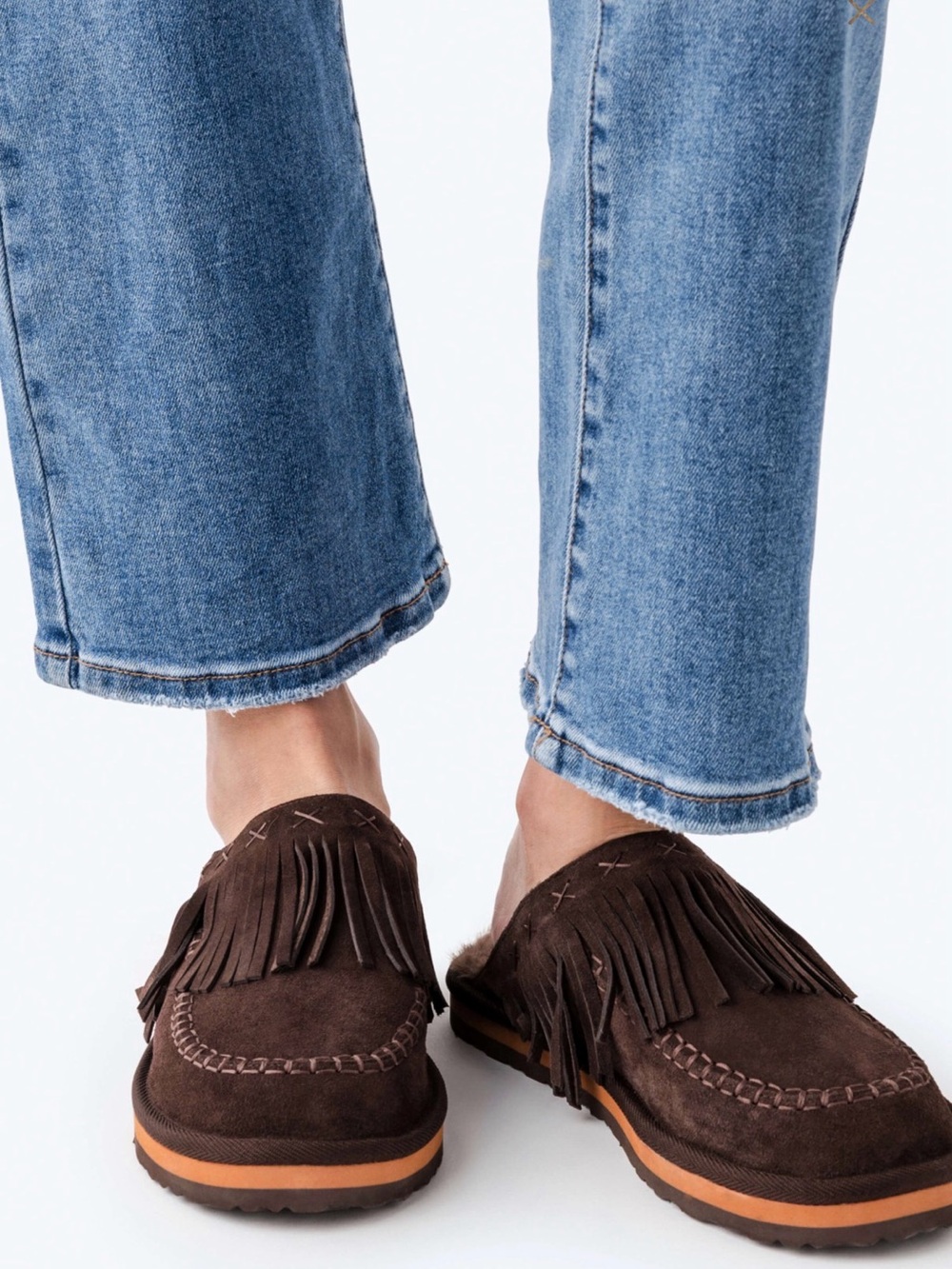 NIB Free People Fallon Fringe Mule Clogs Chocolate Suede Shearling Size 8
